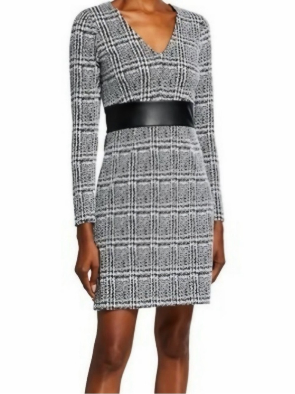 MICHAEL Michael Kors Herringbone V-Neck Dress with Faux Leather Trim